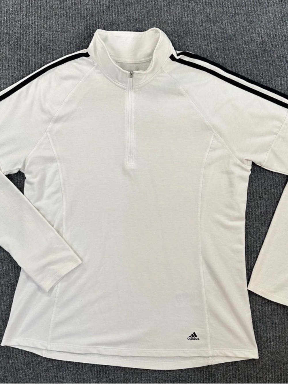 adidas White Quarter-Zip Long Sleeve Top with Black Shoulder Stripes